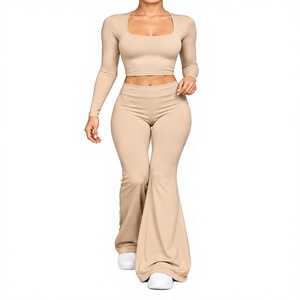 Women Beige <b>Long</b> <b>Sleeve</b> <b>Crop</b> Top Flared Pants Two Piece Stretch Matching Outfit Set - Product Image 1