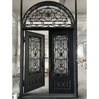 Puerta de Entrada Doble de Hierro Forjado con Arco Moderno de Primera Calidad, Diseño de Espiral Hecho a Mano, Puerta Exterior Metálica para Villa