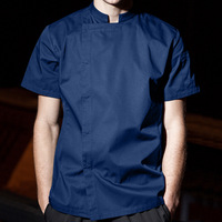 Chemise de chef à col montant anti-huile pour hommes, couleur unie, à manches courtes, uniforme de cuisine respirant, vêtements de travail en polyester, hauts d'été pour hôtels