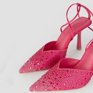 <b>Pink</b> <b>Women</b> <b>Sandals</b> Lace up Pattern Rhinestone Design Heels for Ladies - Product Image 1