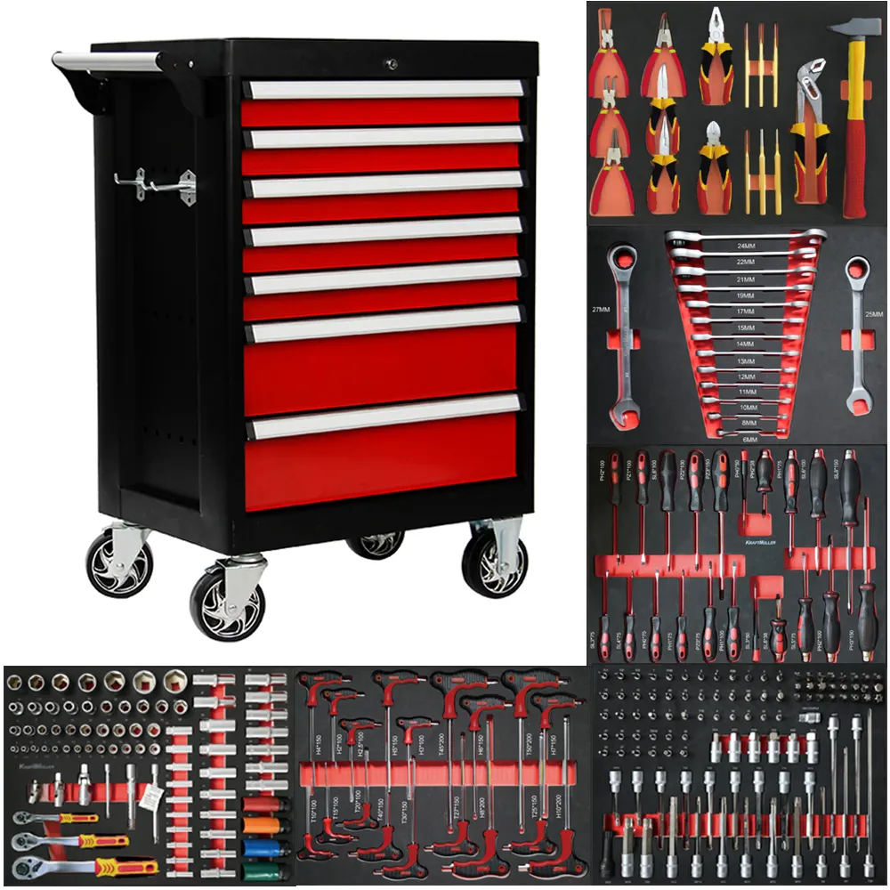 Juegos de herramientas de rodillos profesionales de 7 cajones, caja de herramientas de almacenamiento, carrito/cofre/gabinete/carrito con herramientas
