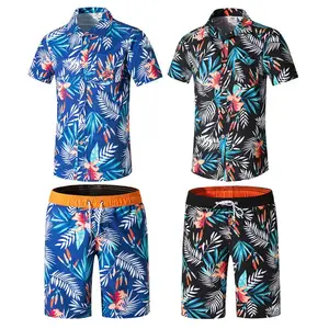 Set Pakaian Pantai Pria, Sublimasi Cetak Cepat Kering Satin Poliester Kancing Bawah Kerah Lengan Pendek Kemeja Hawaii Pria dan Celana Pendek