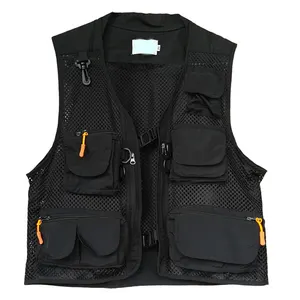 Plus Size Men's Vest Waistcoats Custom Outdoor Work Fishing Travel Photo Men's Black Mesh Utility Vest with Pockets