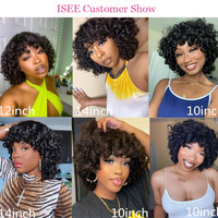 Perruque Courte Bob Pixie Bouclée Rose 100% Cheveux Humains de Haute Qualité avec Frange, Entièrement Faite à la Machine, Sans Colle, Style Fumi Curl pour Femmes Noires