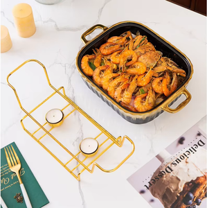 Cacerola Ovalada de Cerámica y Mármol Dorado Personalizada de Fábrica, Olla para Sopa de 11/13/15 Pulgadas con Soporte de Hierro y Tapa de Vidrio - Product Image 4