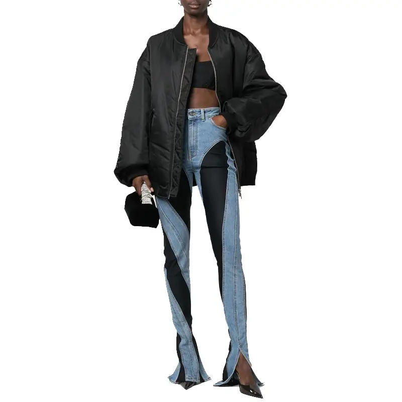 Pantaloni casual in pelle con bottoni per donna, jeans in cotone denim, tessuto per mosca in stile jeans spandex, vita con cerniera, logo personalizzato, OEM