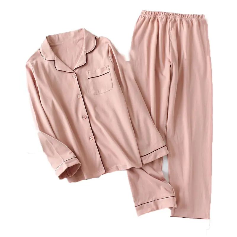 Cómodo satén 100% algodón manga larga Tops y pantalones mujeres pijama conjunto Casual logotipo personalizado ropa de dormir de mujer