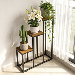 Support à plantes en métal et bois à 3 niveaux, support de pot de fleurs d'angle haut, étagère de présentation verticale pour salon, balcon, patio, jardin - Product Image 5
