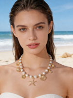 Parure de colliers élégante et minimaliste en acier inoxydable 316L avec perles, coquillages et étoiles de mer, style océan, plaqué or 18 carats PVD, pour femme