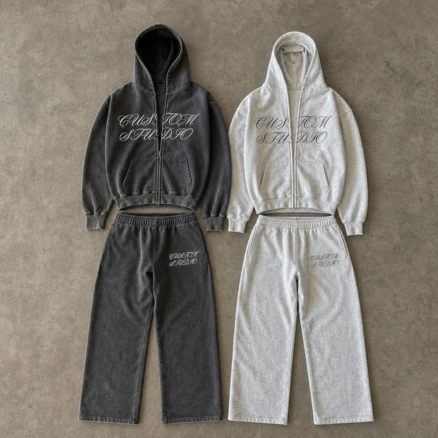 CustomVintage Washed Script Embroidery Zip up Hoodie Tracksuit Custom Manufacturer Custom Factory OEM ODM Heavyweight Streetwear