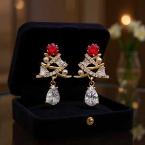 E4327 Orecchini pendenti con fiore di cristallo rosso, gioielli da festa da donna in oro 18 carati, stile romantico - Product Image 2