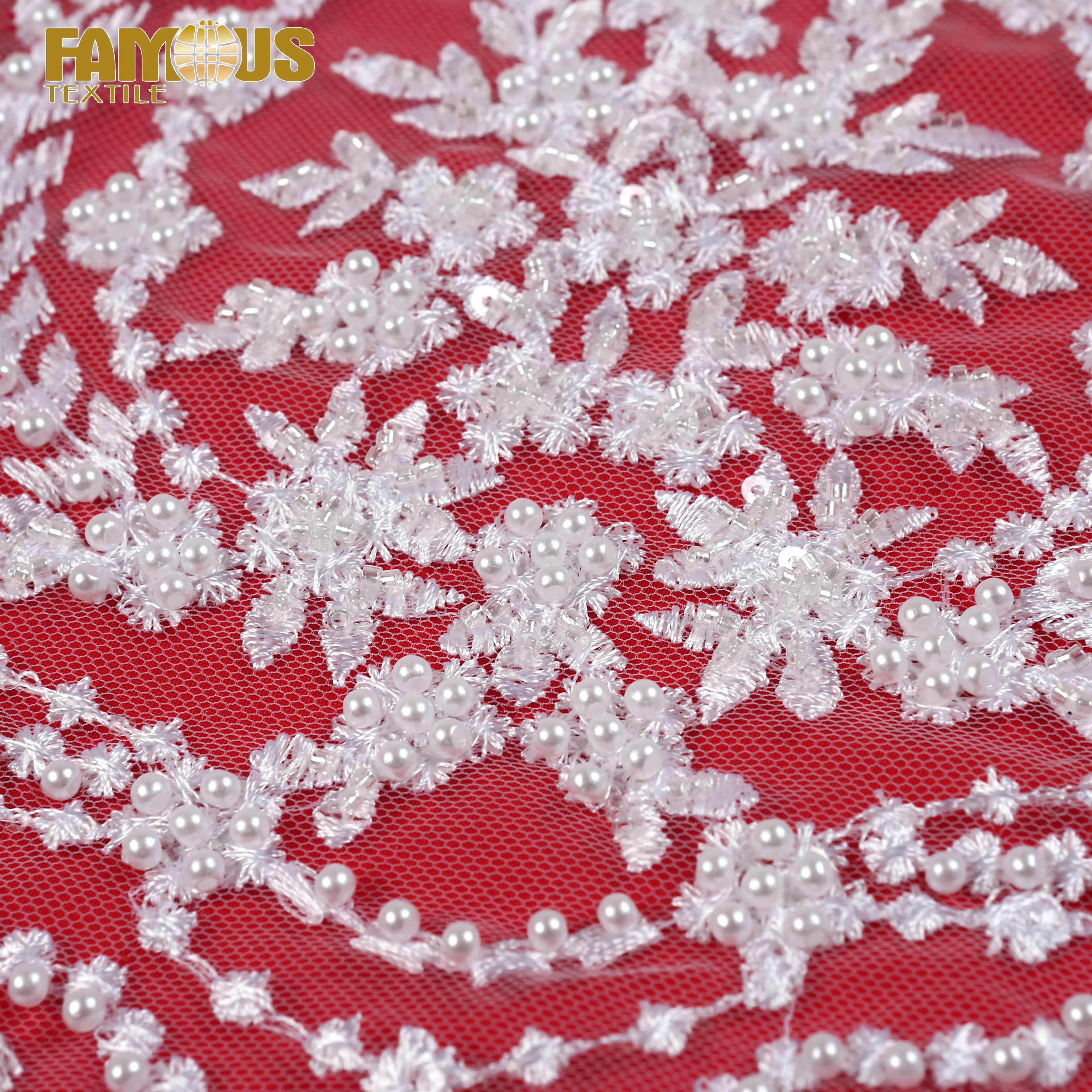 high-end white beaded embroidery lace tulle fabric with silver sequins and pearls for bridal veil