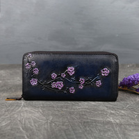 Dompet kartu genggam wanita kulit asli, dompet kartu kulit sapi Plum timbul panjang Vintage untuk wanita, dompet uang koin, Logo kustom