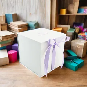 Cardboard paper wedding gift box packaging with ri white paper box with purple ribbon