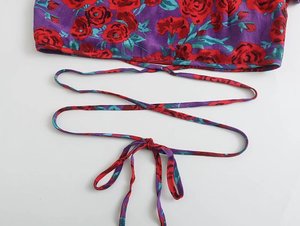R20711S yaz kadın t-shirt yeni moda gül çiçek baskı kısa dantel-up bluz - Product Image 5