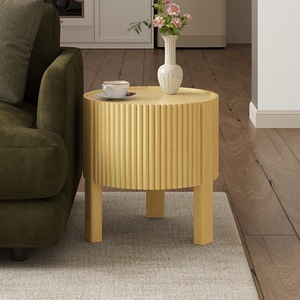 Modern <b>Round</b> Fluted <b>Side</b> <b>Table</b> with Storage for Living Room Rubber Solid Wood Soft-close Door Adjustable Height - Product Image 2