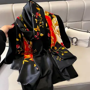 Newest Fashion 2024 Spring Summer Long Large Silk Feelings Head Scarf Muslim Wraps Black Floral Printed Shawls Stoles For Women