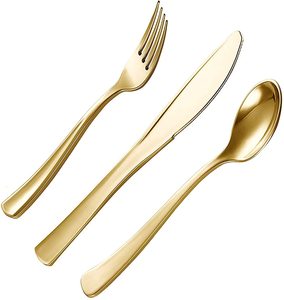 BST Durable Gold Disposable Silverware plastic fork knife spoon luxury golden 24pcs cutlery set for party
