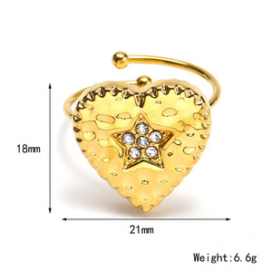 Anello Aperto Regolabile in Acciaio Inossidabile con Cuore <span class=keywords><strong>Martellato</strong></span> e Stella di Cristallo, Gioielli di Moda per Donne - Product Image 2