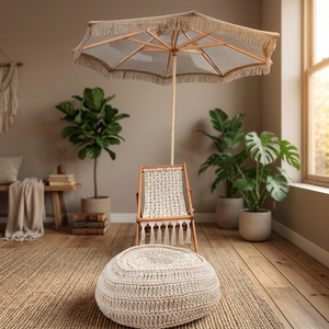 Sombrilla de Cuerda de Algodón Bohemia Recta Hecha a Mano para Exteriores, Parasol de Patio, Toldo de Jardín Tejido a Mano con Borlas, Toldo de Viaje de Madera - Product Image 3