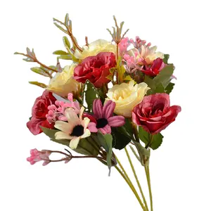 High Quality Promotion Silk Artificial Bouquet Rose 10 Heads Europe Mix Rose Chrysanthemum Flower