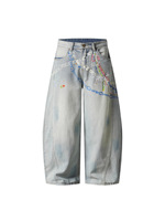 YUANBOFEI Jeans sur mesure de haute qualité, vintage, bleu brossé, imprimé Dalmatien et chaîne, coupe bootcut, jeans incurvés pour femmes
