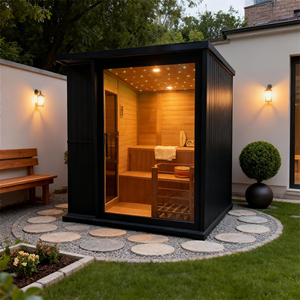 Sauna à vapeur carré extérieur pour 4 à 6 personnes, extérieur en hemlock noir avec intérieur en cèdre rouge, chauffage 6 kW, porte en verre trempé - Product Image 3