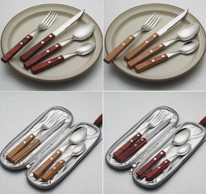 Ensemble de couverts réutilisables en acier inoxydable avec manche en bois pour le camping, comprenant cuillères, fourchettes et couteaux - Product Image 4