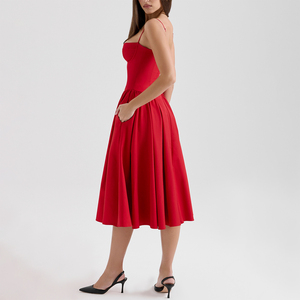 Abito Midi rosso raccolto per donna elegante elegante abito da Cocktail alla moda donna abbigliamento personalizzato fabbrica - Product Image 4