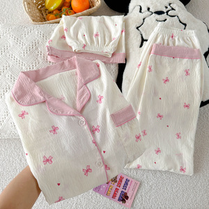 <span class=keywords><strong>Pigiama</strong></span> Estivo Casual in Raso per Ragazze, Set Tre Pezzi con Fiocco, Maniche Corte, Abbigliamento da Casa alla Moda - Product Image 1