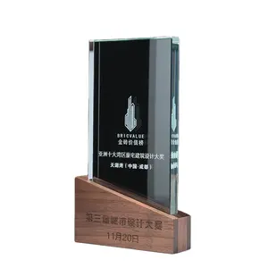 High Quality Wholesale Custom design carved engraving Crystal Trophy With Wooden Base for Business Gifts