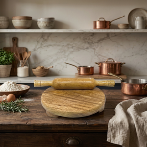 Ensemble de rouleau à pâtisserie en bois et de planche ronde pour la préparation de chapati, roti, paratha, naan, puri et autres pains plats faits maison - Product Image 1