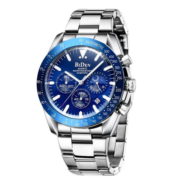 BIDEN 0344 Relojes Hombre New Watches Men Luxury Brand Chronograph Male Sport Watches Waterproof Stainless Steel Quartz Watch