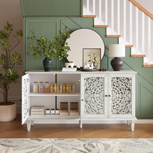 Antique Buffet Cabinet 60 In Floral Carvings Solid Wood Legs Adjustable <b>Shelves</b> TV <b>Stand</b> - Product Image 2