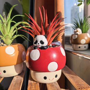 ROOGO Pot de fleurs <span class=keywords><strong>en</strong></span> résine <span class=keywords><strong>en</strong></span> forme de champignon panda avec trou de drainage, <span class=keywords><strong>plante</strong></span> artificielle assortie, fait main, Kawaii - Product Image 1