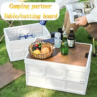 Boîte de rangement pliable d'extérieur en plastique PP, bac de camping pliable, caisse utilitaire empilable avec couvercle en bois pour camping-car, coffre de voiture, OEM ODM
