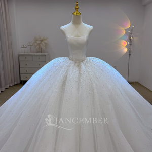 Lsjj156 Sparkly Ivory Satin Bateau Neck Ball Gown <b>Wedding</b> Dress Pearl Choker Beaded Waist Cathedral Train Jancember - Product Image 4