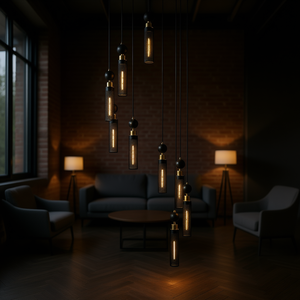 Lustre suspendu industriel moderne à 9 lumières en fer noir, abat-jour cylindriques en maille, luminaire de plafond réglable, 24 pouces - Product Image 2