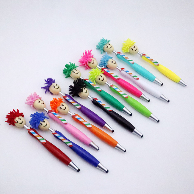 Custom Logo Smiley Mop Head Pen Smiling Face Plastic Doll Head Mop Topper Pen for Schools