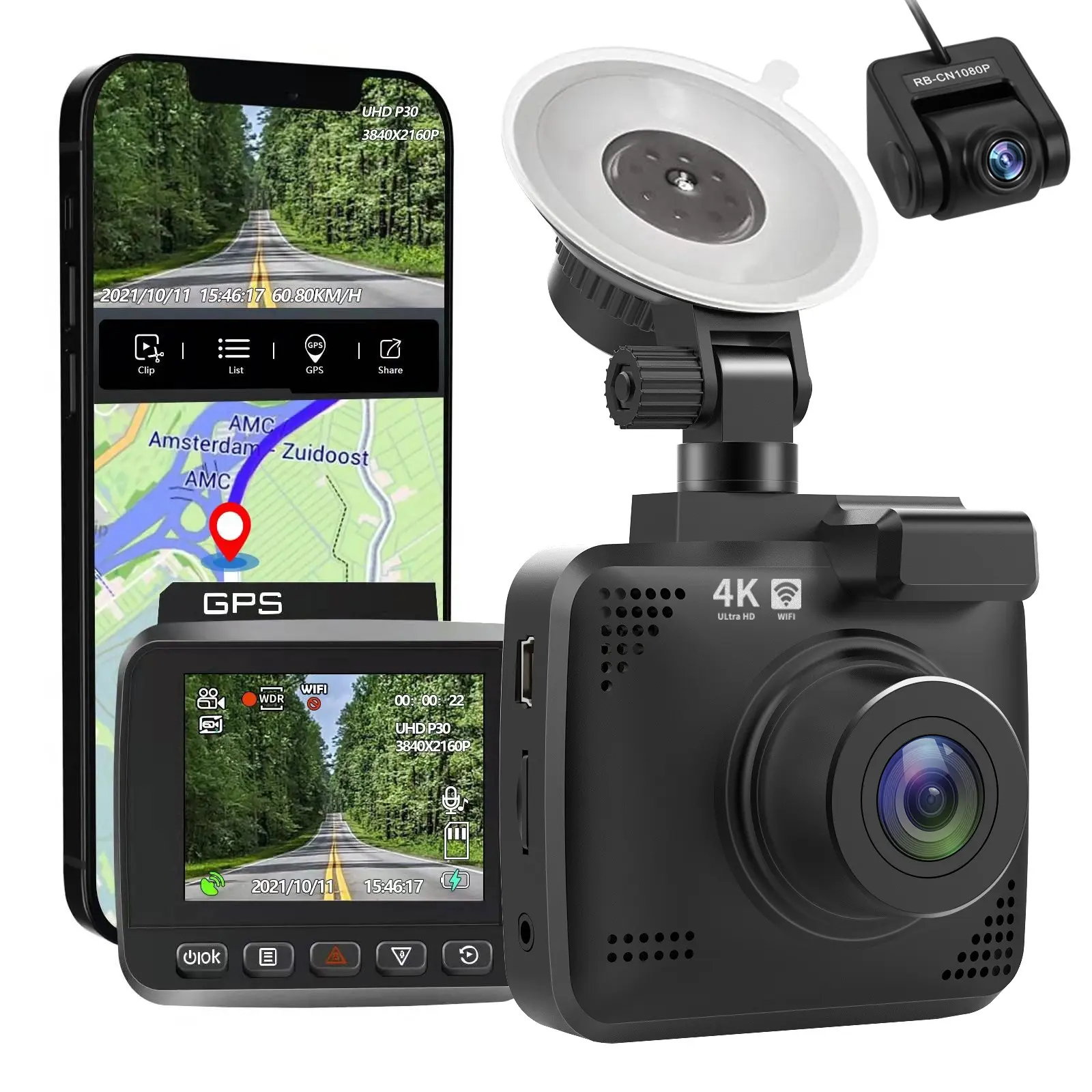 Amazon best seller WiFi GPS Built-in UHD 2160P 2.4" LCD WDR Video Recorder Night Dashcam Front And Rear 4k Dash Cam Car Camera