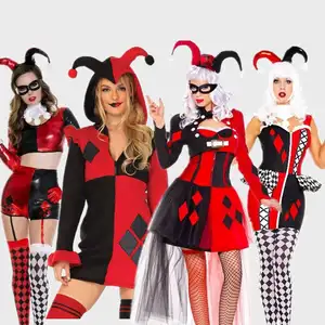 Diskon besar kostum Cosplay Harley Quinn gaun putih hitam merah kostum Halloween badut seksi untuk wanita