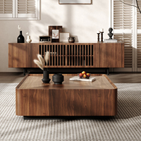 Table basse carrée moderne minimaliste NOVA en bois massif noyer avec 2 tiroirs de rangement, meubles de salon