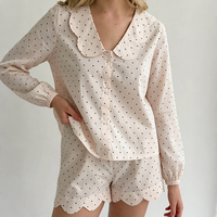 QINSI Pakaian Tidur Wanita Katun Nyaman Motif Polkadot Set Piyama Lengan Panjang Kancing Depan Celana Pendek Dengan Saku Baju Santai Baju Tidur