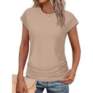FOXA Camiseta de manga corta fruncida para mujer, cuello redondo, tejida, manga corta, longitud regular, moda de verano - Product Image 1