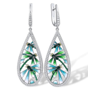 Orecchini a forma di libellula in smalto con zirconi, eleganti gioielli di design per donna - Product Image 1