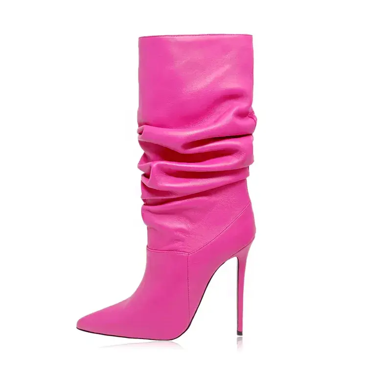 Zachte Bovenleer Roze Hoge Hakken Midi Laarzen Dames Hakken Schoenen Groothandel Fabriek Custom Merk Stiletto Pumps