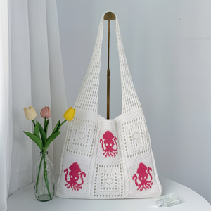 Borsa a Spalla Estiva Trendy in Stile Casual, Lavorata a Maglia con Motivo a Polpo, Grande Capacità, Ideale per Vacanze al Mare - Product Image 3