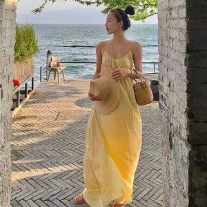 Yellow <b>Spaghetti</b> Strap Dress Loose Waist Solid Color Women Summer Casual <b>Long</b> Dress - Product Image 4