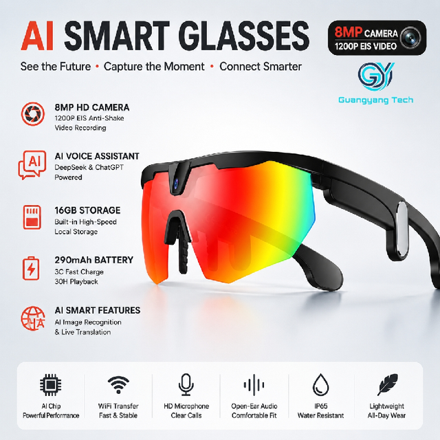 W640 AI Sports Glasses 8MP Camera 1200P Video EIS Stabilization WiFi Transfer Call AI Voice Assistant IP66 Wearable Glasses