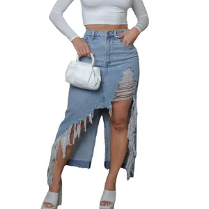 Новые Модные женские джинсовые юбки женские сексуальные Клубные 2023 летние женские джинсы с разрезом и кисточками